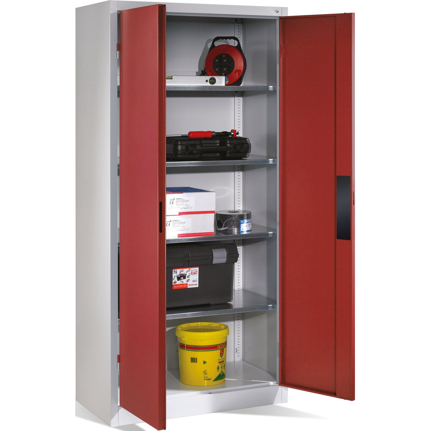 C+P Werkzeugschrank 930 x 1.950 x 500 mm (B x H x T) Stahl, lackiert Farbe der Front: rubinrot Farbe des Korpus: lichtgrau