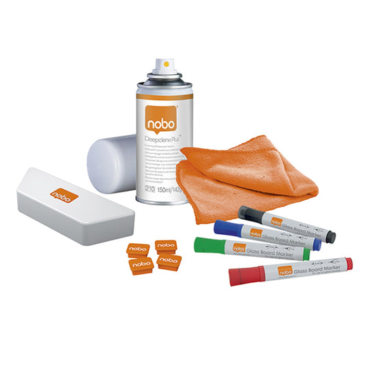 Nobo® Starterset Glasboard 4 x Nobo Glasboardmarker, 1 x Tafelwischer, 1 x Reinigungsspray (125 ml), 1 x Reinigungstücher (80 % Polyester, 20 % Polyamid), 4 x extrastarke Magnete