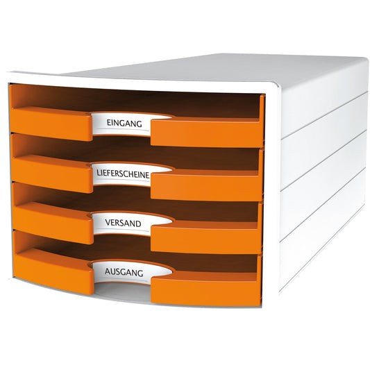 HAN Schubladenbox IMPULS 4 Schubladen DIN A4, DIN C4 Polystyrol Gehäusefarbe: weiß Farbe der Schublade: Trend Colour orange