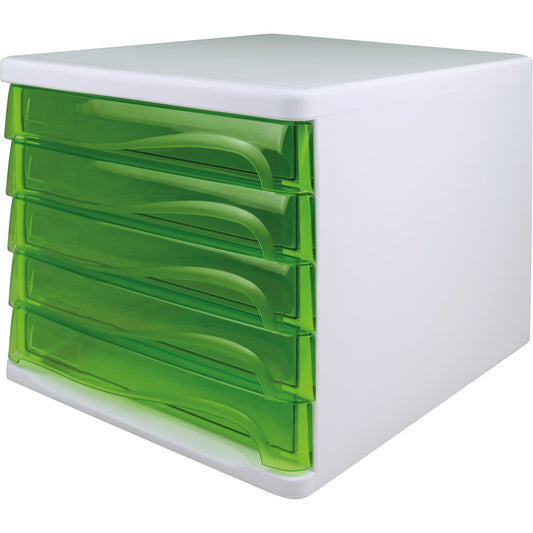 helit Schubladenbox the wave 5 Schubladen DIN A4, DIN C4 Polypropylen/Polystyrol Gehäusefarbe: weiß Farbe der Schublade: grün transparent
