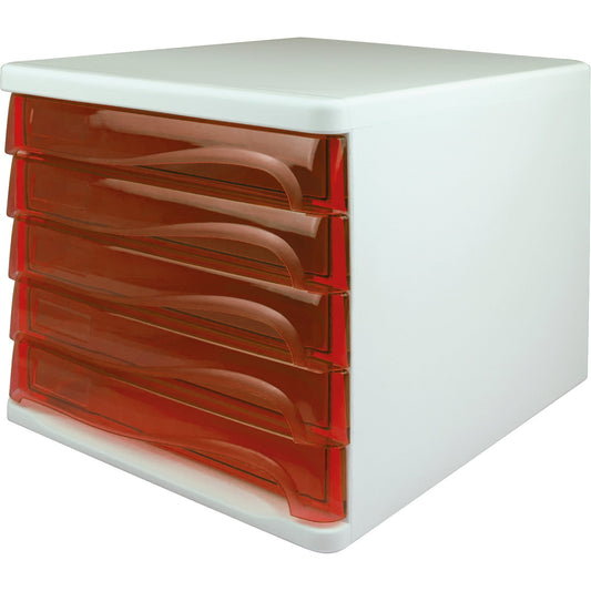 helit Schubladenbox the wave 5 Schubladen DIN A4, DIN C4 Polypropylen/Polystyrol Gehäusefarbe: weiß Farbe der Schublade: rot transparent