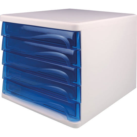 helit Schubladenbox the wave 5 Schubladen DIN A4, DIN C4 Polypropylen/Polystyrol Gehäusefarbe: weiß Farbe der Schublade: blau transparent