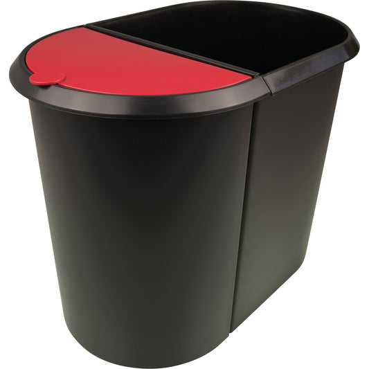 helit Papierkorb the double 27 x 34,8 x 44 cm (B x H x T) Kunststoff Farbe: schwarz Farbe des Deckels: rot 2 Sortierfächer