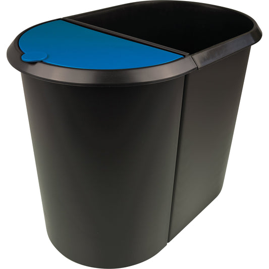 helit Papierkorb the double 27 x 34,8 x 44 cm (B x H x T) Kunststoff Farbe: schwarz Farbe des Deckels: blau 2 Sortierfächer