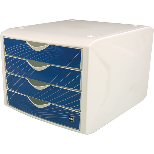 helit Schubladenbox the chameleon 4 Schubladen DIN A4, DIN C4 Polypropylen Gehäusefarbe: weiß Farbe der Schublade: blau
