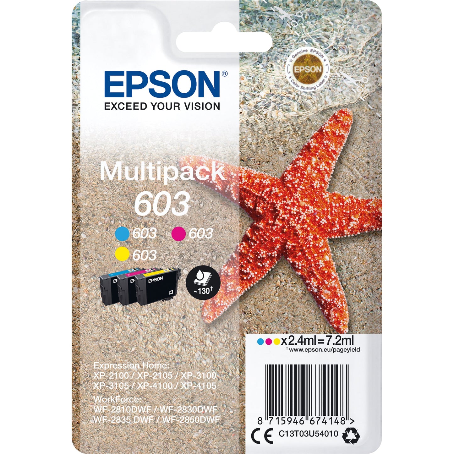 Epson Tintenpatrone Originalzubehör 603 ca. 3 x 150 Seiten mehrfarbig 3 x 2,4ml 3 St./Pack.