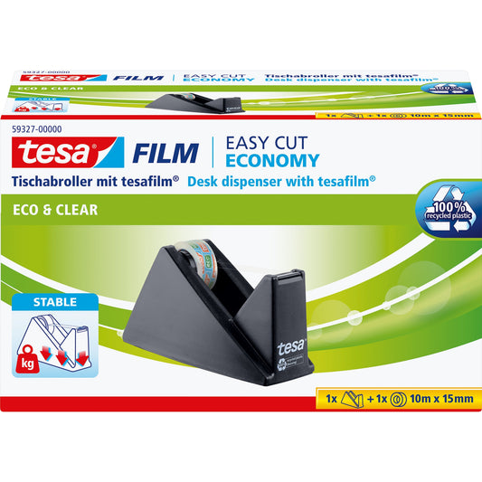 tesa® Tischabroller Easy Cut® Economy Promo 19 mm x 33 m (B x L) inkl. 1 Rolle tesafilm® Eco & Clear, 15 mm x 10 m (B x L) ohne Lösungsmittel schwarz