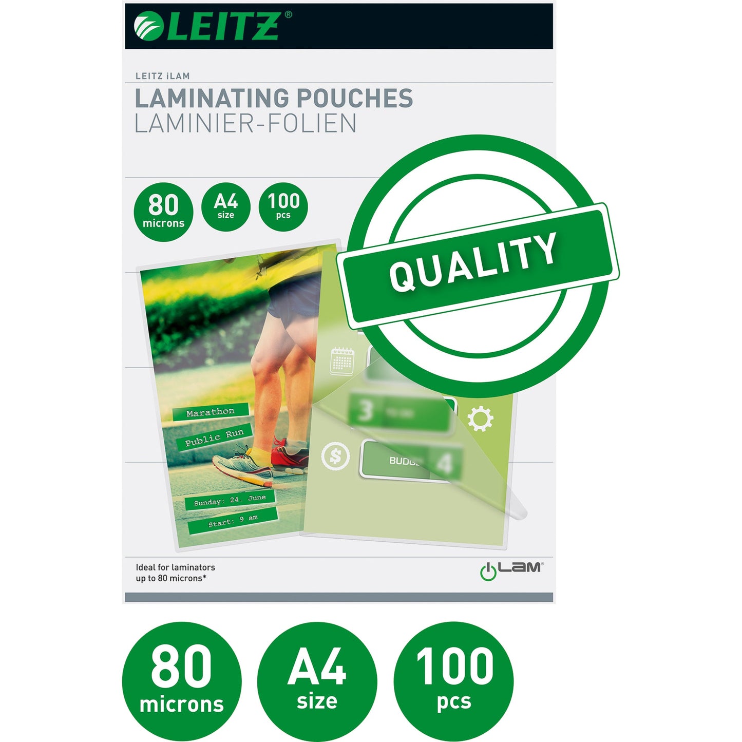 Leitz Laminierfolie 216 x 303 mm (B x H) DIN A4 80µm glänzend 100 St./Pack.
