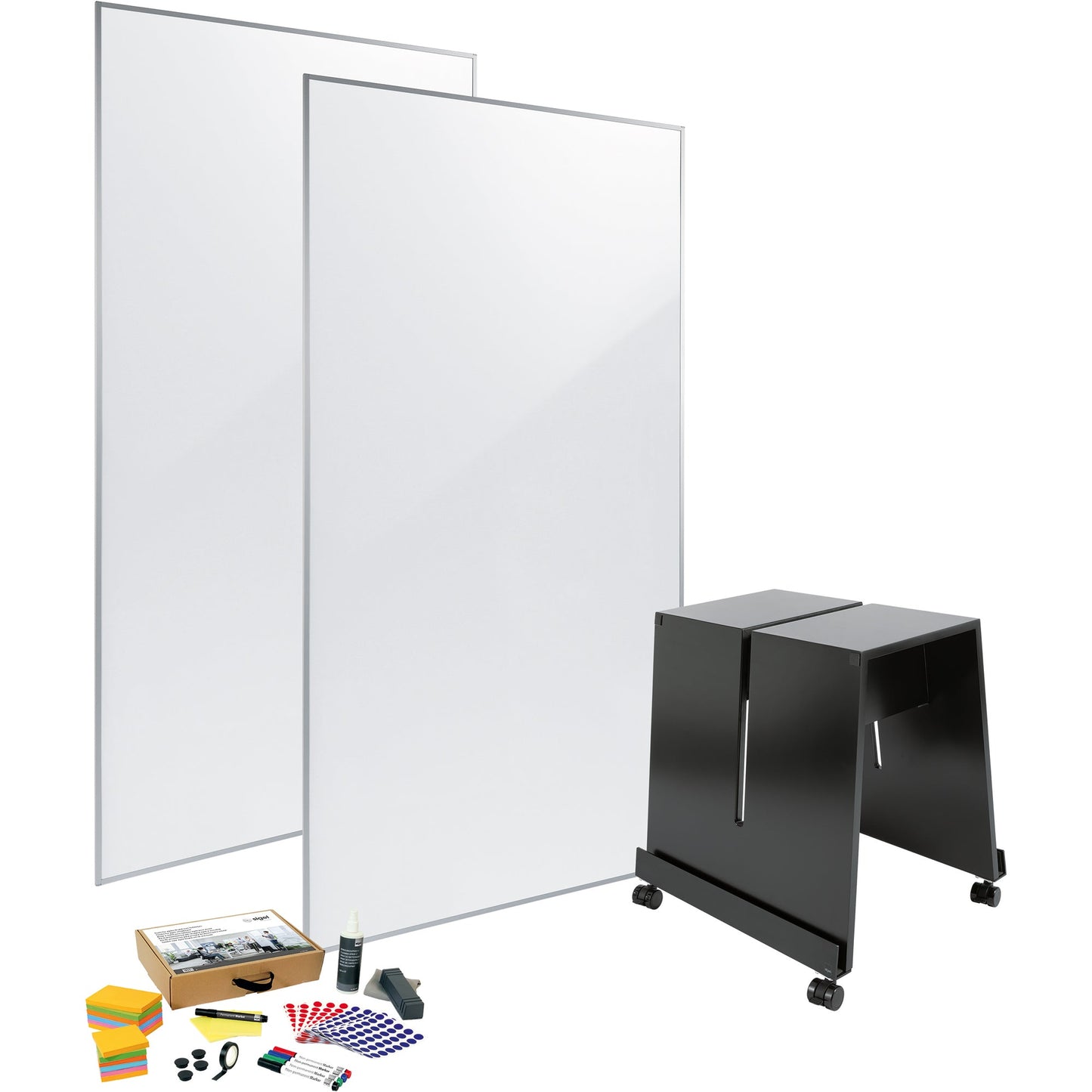 SIGEL Whiteboard Meet up Bundle Maße der Oberfläche: 90 x 180 cm (B x H) Tafel magnethaftend beidseitig beschreibbar inkl. Whiteboard 90 x 180 (B x H) MU020, Tafelständer Meet up MU050, Moderationsbox Meet up BA311 Metall weiß
