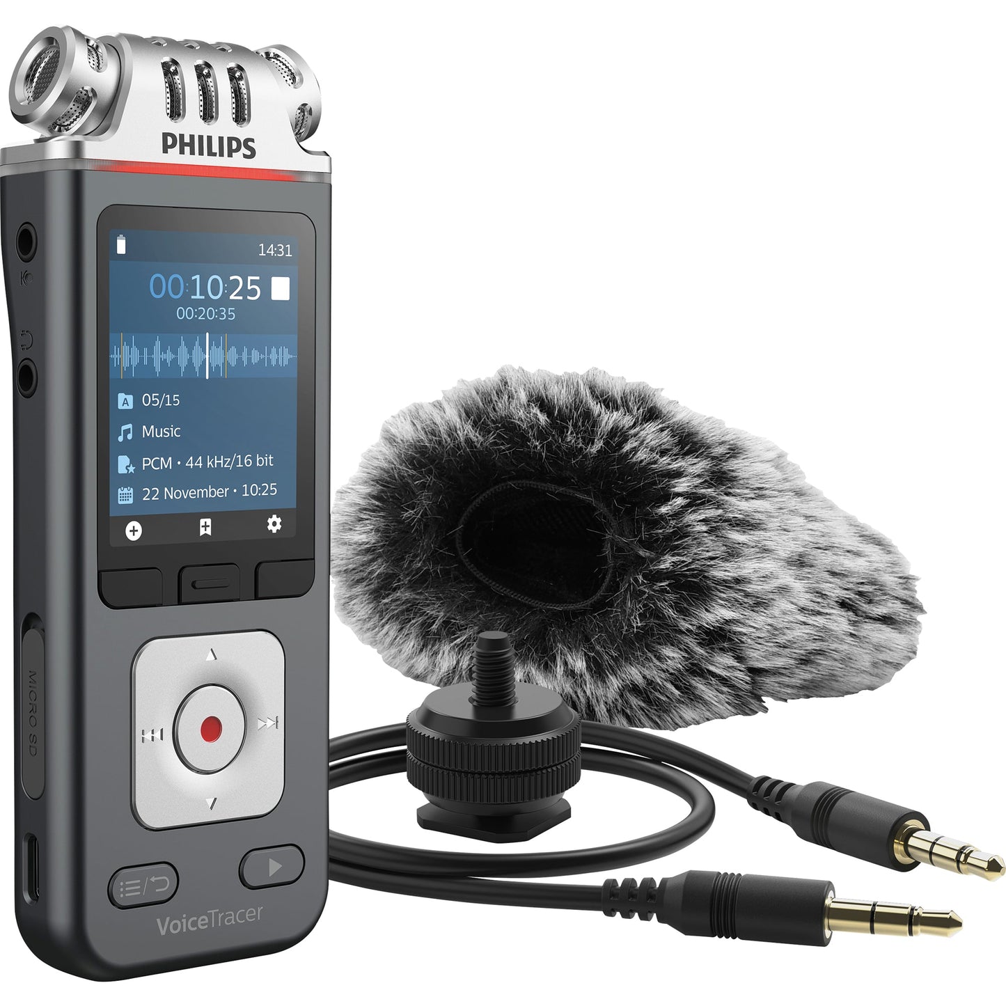 Philips Diktiergerät Digital VoiceTracer DVT7110 4,7 x 12,9 x 1,9 cm (B x H x T) 2.147 (MP3), 24 (PCM)h inkl. USB-C-Kabel, Audiokabel, Windschutz, Hot-Shoe-Adapter anthrazit/chrom