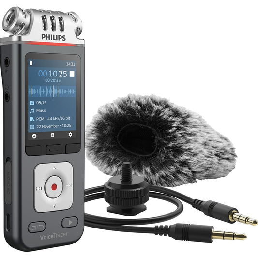 Philips Diktiergerät Digital VoiceTracer DVT7110 4,7 x 12,9 x 1,9 cm (B x H x T) 2.147 (MP3), 24 (PCM)h inkl. USB-C-Kabel, Audiokabel, Windschutz, Hot-Shoe-Adapter anthrazit/chrom