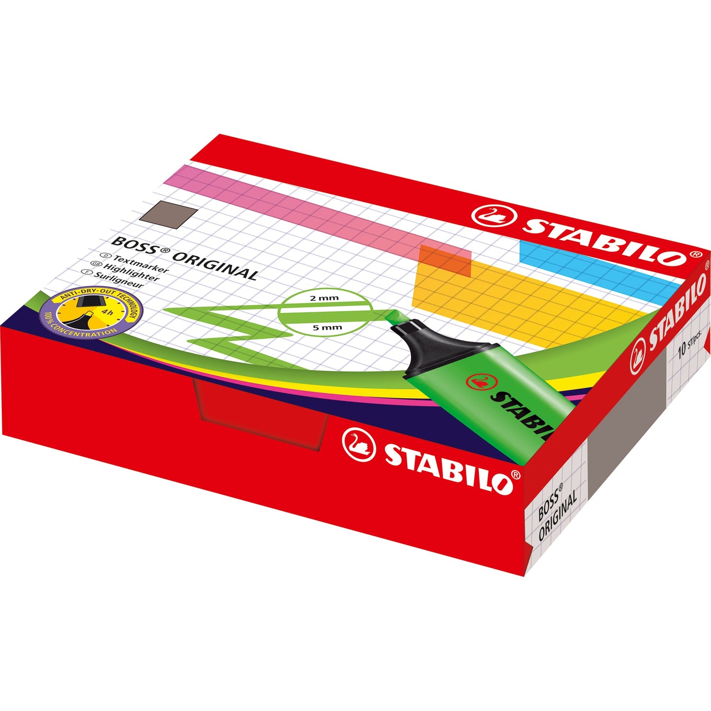 STABILO® Textmarker BOSS® ORIGINAL 2-5mm farbig sortiert Keilspitze 10 St./Pack.
