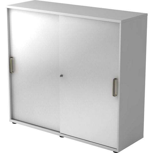 Hammerbacher Schiebetürenschrank 1.200 x 1.100 x 400 mm (B x H x T) Spanplatte, melaminharzbeschichtet Farbe der Front: silber Farbe des Korpus: grau