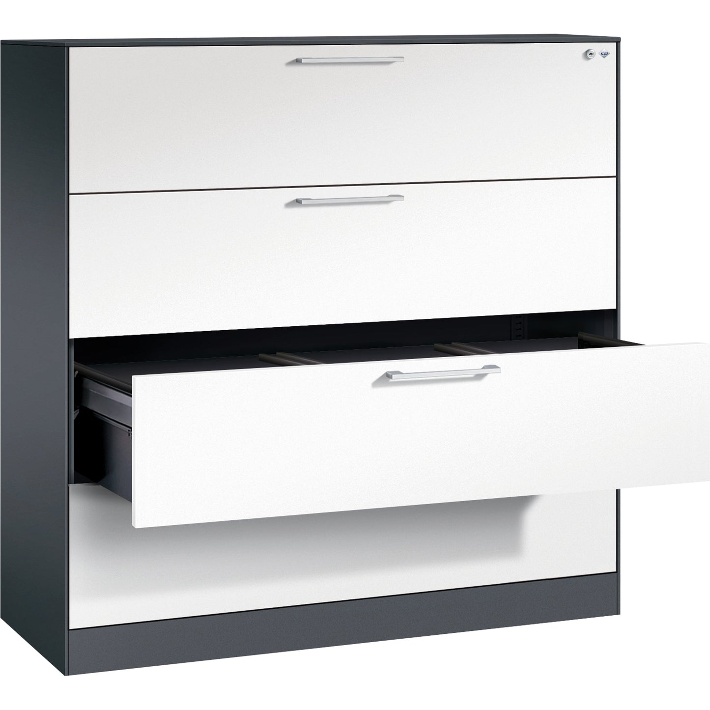 C+P Hängeregistraturschrank Asisto 1.200 x 1.298 x 435 mm (B x H x T) Stahl, lackiert Farbe der Front: verkehrsweiß Farbe des Korpus: schwarzgrau