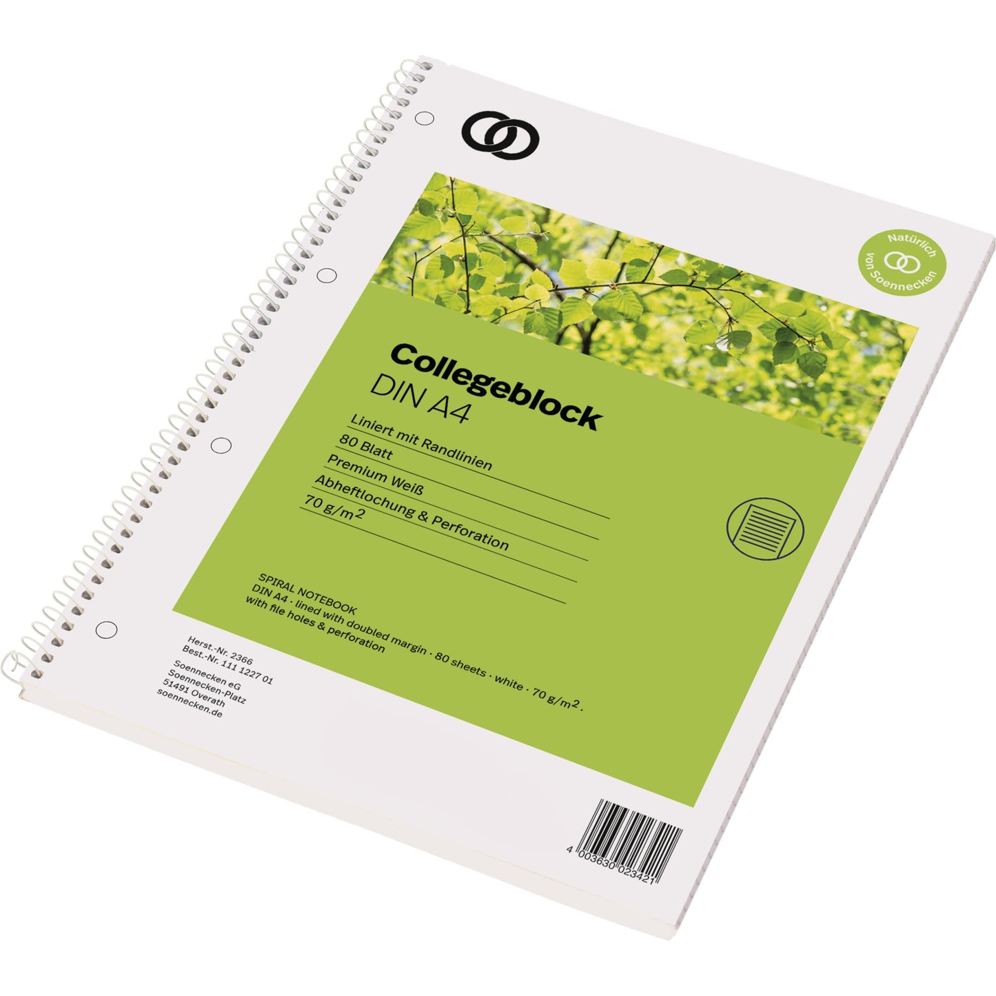 Soennecken Collegeblock oeco Recycling DIN A4 liniert mit Rand 70g/m² 100 % Recyclingpapier grün 80 Bl.