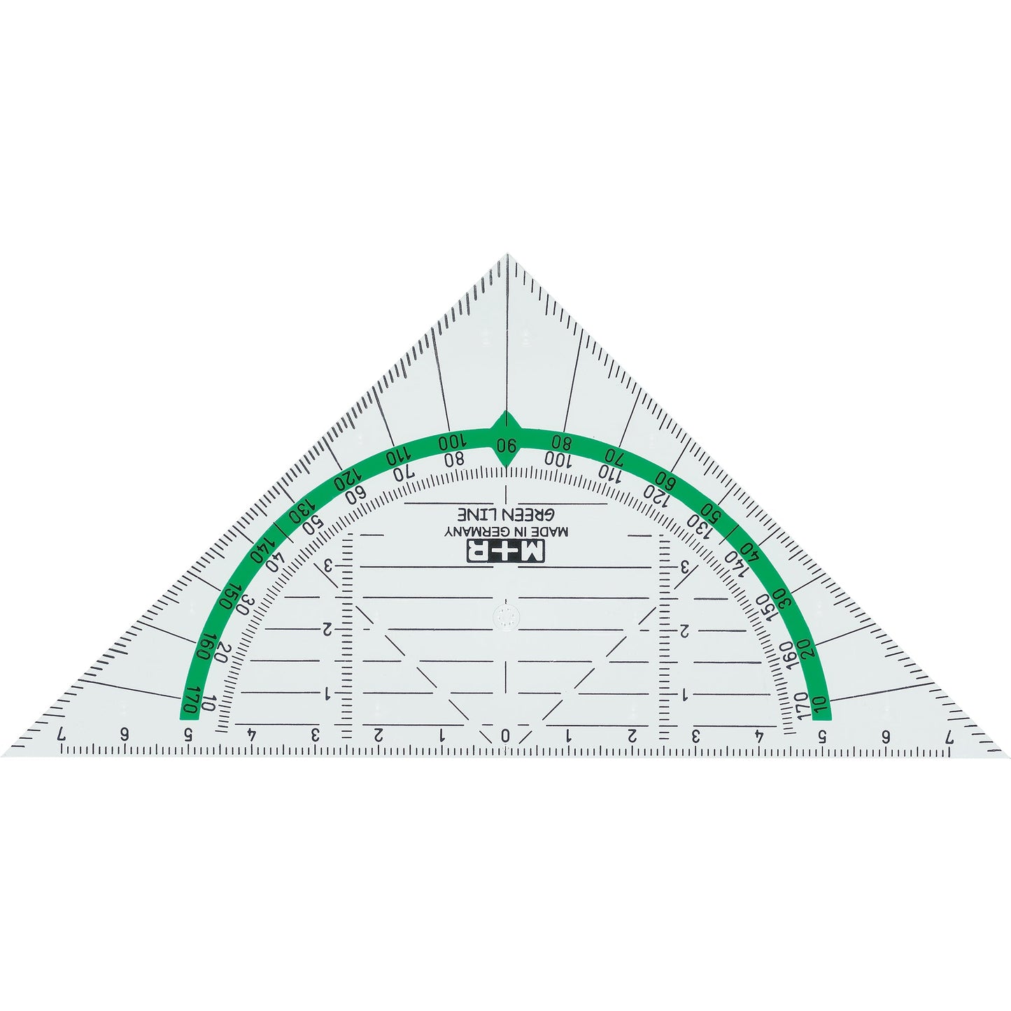 M+R Geometriedreieck GreenLine 16cm mit farbig hinterlegten Winkelgraden ohne Griff Biokunststoff glasklar/grün