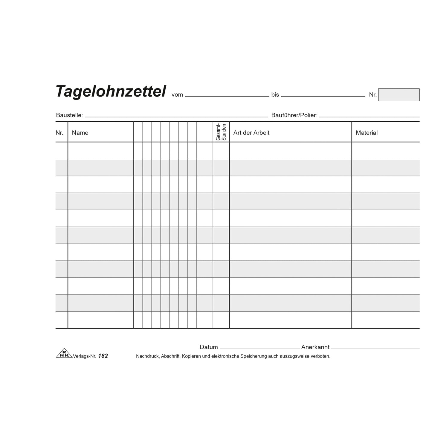RNK Verlag Lohnarbeitsnachweis DIN A5 quer 3 Durchschläge 3 x 40 Bl.