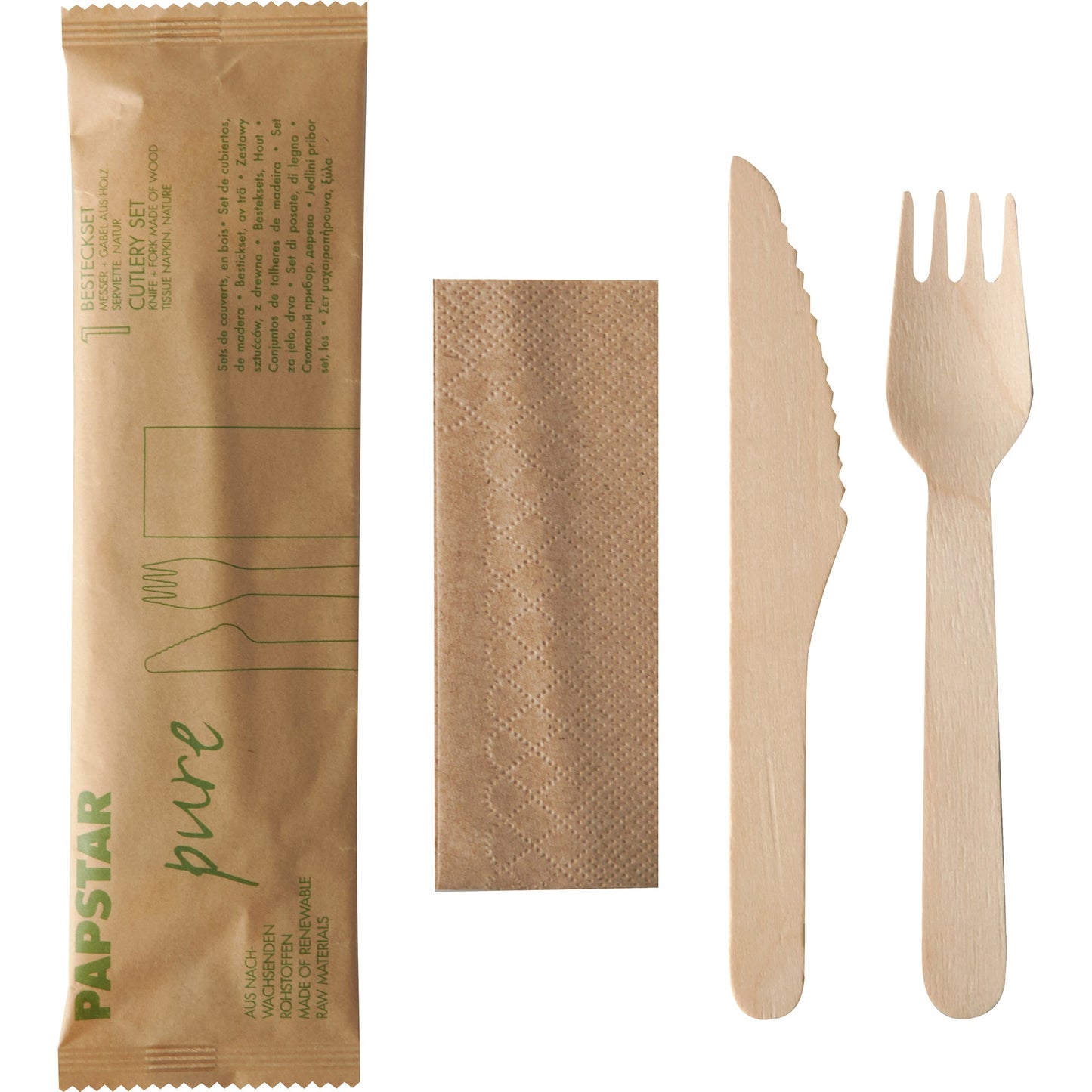 PAPSTAR Besteckgarnitur pure Einweg Messer, Gabel, Serviette Holz braun 50 St./Pack.