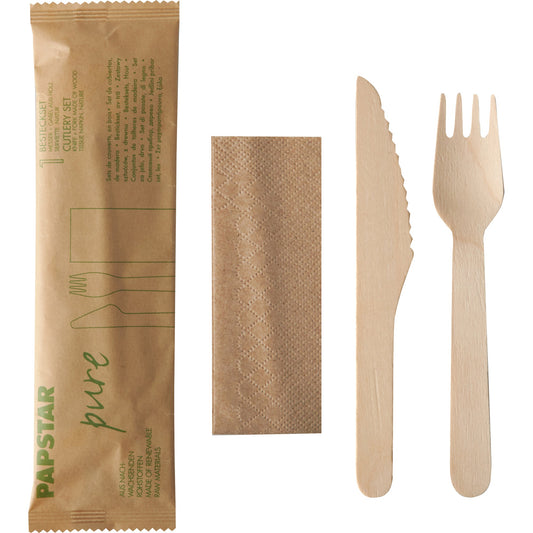 PAPSTAR Besteckgarnitur pure Einweg Messer, Gabel, Serviette Holz braun 50 St./Pack.