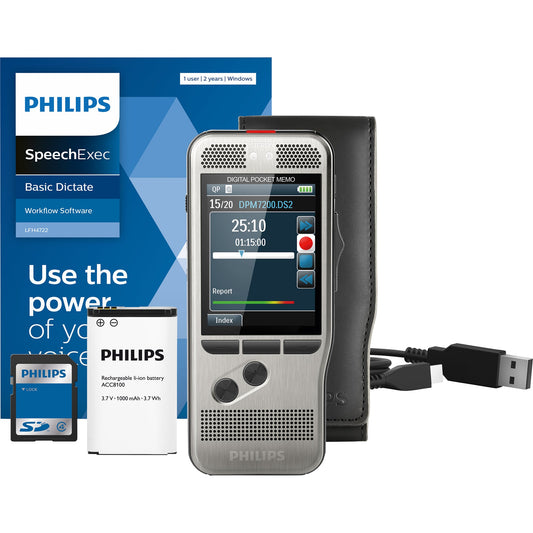 Philips Diktiergerät Digital Pocket Memo DPM7200 5,3 x 1,5 x 12,3 cm (B x H x T) 2.800 (SP), 1.400 (QP), 200 (MP3), 108 (PCM Voice), 52 (PCM Stereo)h