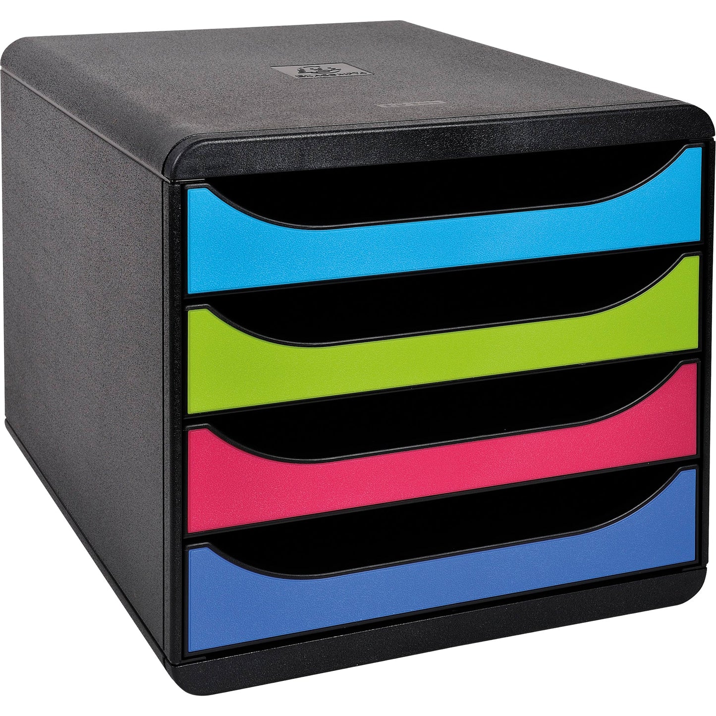 Exacompta Schubladenbox BIG-BOX 4 Schubladen DIN A4, Überbreite Polystyrol Gehäusefarbe: schwarz Farbe der Schublade: schwarz/mehrfarbig