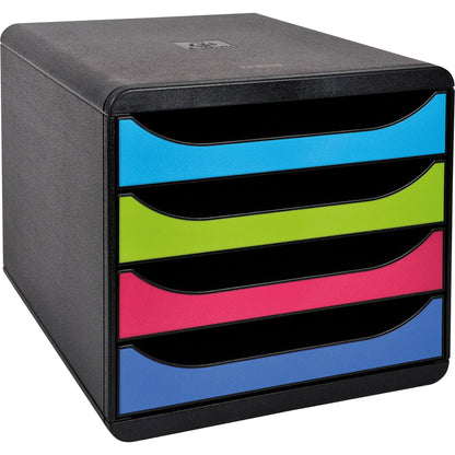 Exacompta Schubladenbox BIG-BOX 4 Schubladen DIN A4, Überbreite Polystyrol Gehäusefarbe: schwarz Farbe der Schublade: schwarz/mehrfarbig