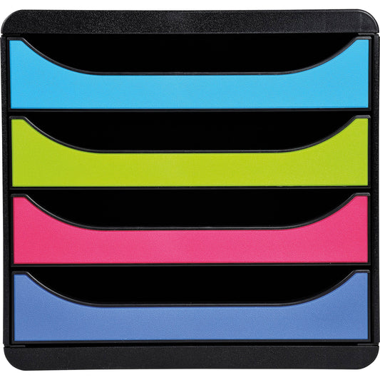 Exacompta Schubladenbox BIG-BOX 4 Schubladen DIN A4, Überbreite Polystyrol Gehäusefarbe: schwarz Farbe der Schublade: schwarz/mehrfarbig