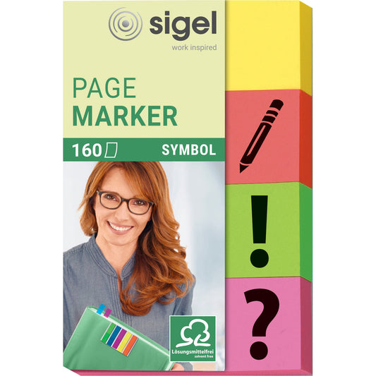 SIGEL Haftmarker Symbol 50 x 20 mm (B x H) gelb, orange, grün, pink Unterschrift, Ausrufezeichen, Fragezeichen, Pfeil 40 Bl./Block 4 Block/Pack.