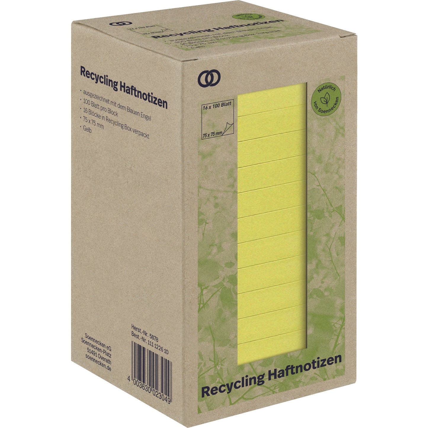 Soennecken Haftnotiz oeco Recycling 75 x 75 mm (B x H) gelb 100 Bl./Block 16 Block/Pack.