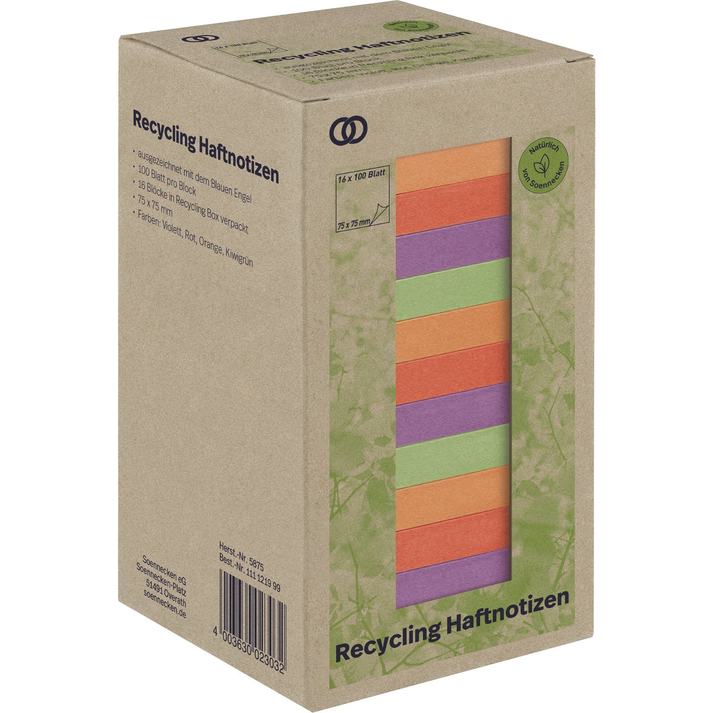 Soennecken Haftnotiz oeco Recycling 75 x 75 mm (B x H) kiwigrün, orange, rot, violett 100 Bl./Block 16 Block/Pack.