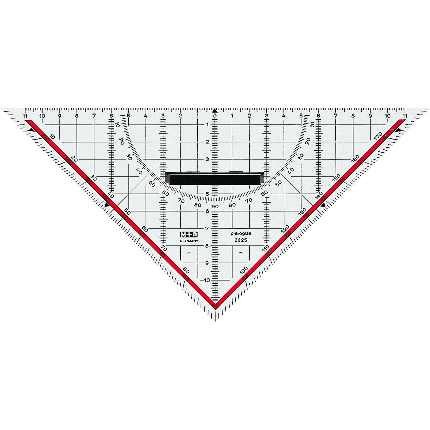 M+R Zeichendreieck technisch 25cm mit farbig hinterlegten Winkelgraden mit Griff Acrylglas glasklar/rot