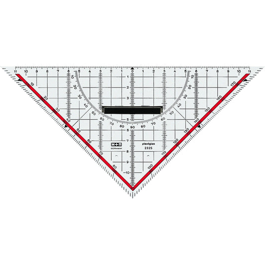 M+R Zeichendreieck technisch 25cm mit farbig hinterlegten Winkelgraden mit Griff Acrylglas glasklar/rot