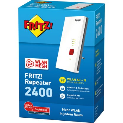 FRITZ! WLAN-Repeater FRITZ!2400 7,65 x 15,5 x 6,26 cm (B x H x T) WLAN AC+N, LAN 2.333 Mbit/s inkl. Schuko-Adapter, Netzwerkkabel, Installationsanleitung