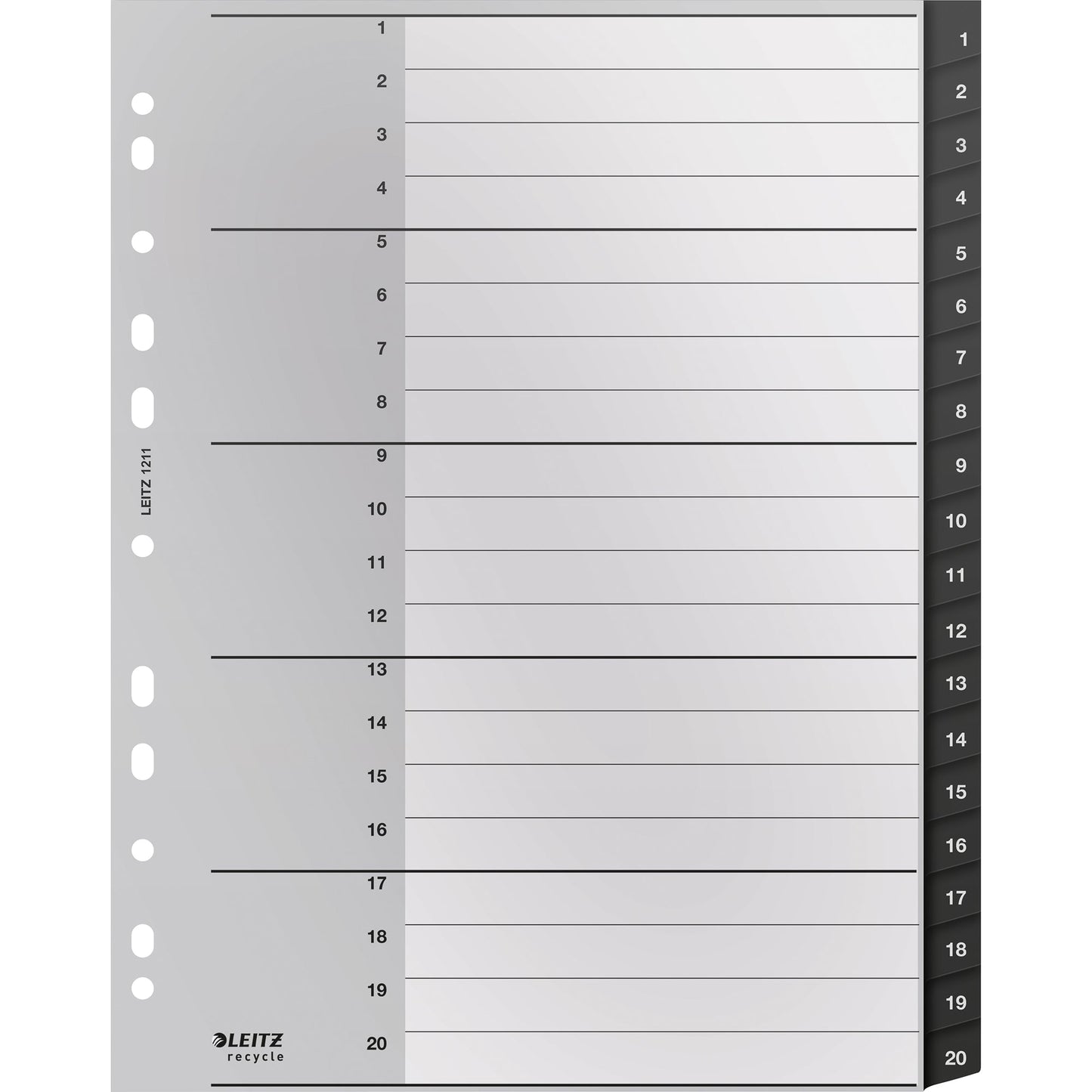 Leitz Zahlenregister Recycle DIN A4, Überbreite 1-20 Kunststoff, 90 % recycelt schwarz