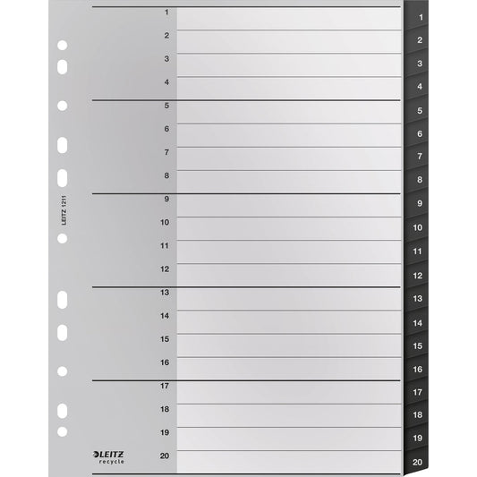 Leitz Zahlenregister Recycle DIN A4, Überbreite 1-20 Kunststoff, 90 % recycelt schwarz