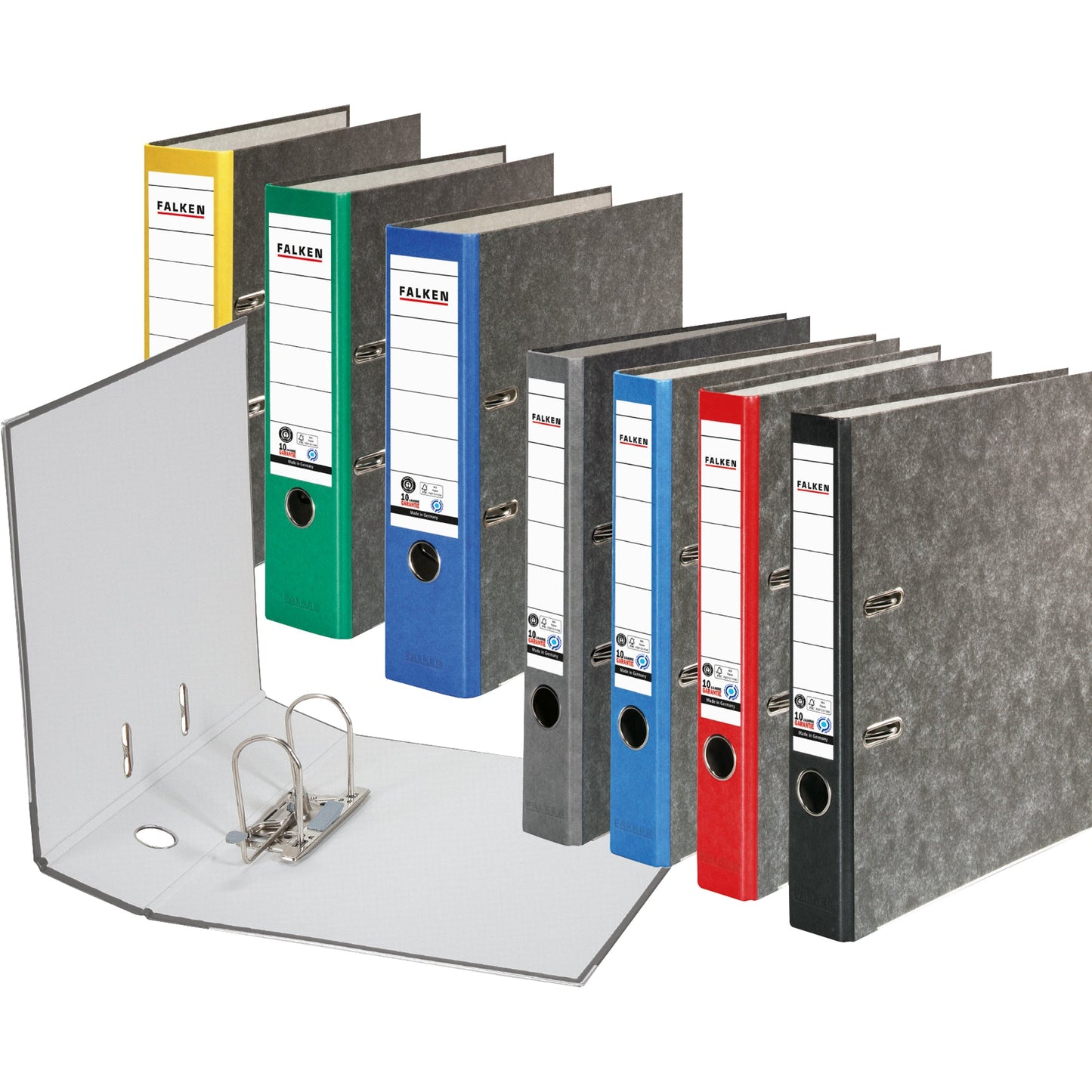 Falken Ordner 50mm DIN A4 Rückenschild: geklebt mit Schlitzen Werkstoff: Pappe Material außen: Papier Material innen: Papier schwarz