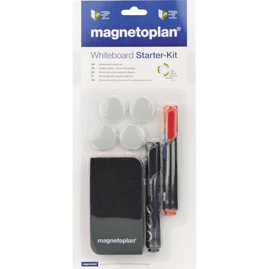 magnetoplan® Starterset Whiteboard 1 Tafellöscher (magnethaftend) blau, 1 Whiteboardmarker rot, 1 Whiteboardmarker schwarz, 4 Magnete discofix standard grau Ø 30 mm