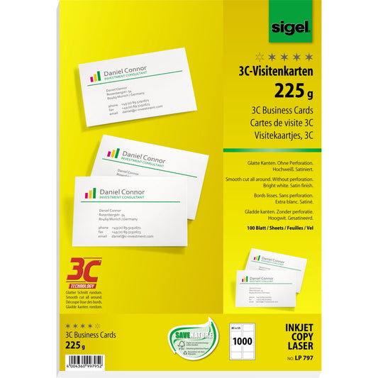 SIGEL Visitenkarte DIN A4 225g/m² hochweiß 100 Bl./Pack. 1.000 St./Pack.