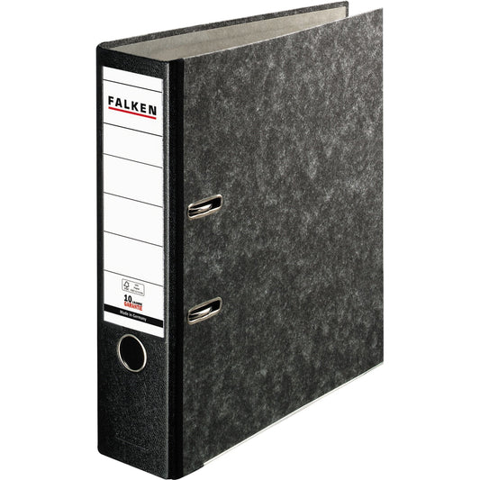 Falken Ordner Recycling Plus 80mm DIN A4 Rückenschild: einsteckbar mit Schlitzen Werkstoff: Pappe Material außen: Papier Material innen: Papier schwarz