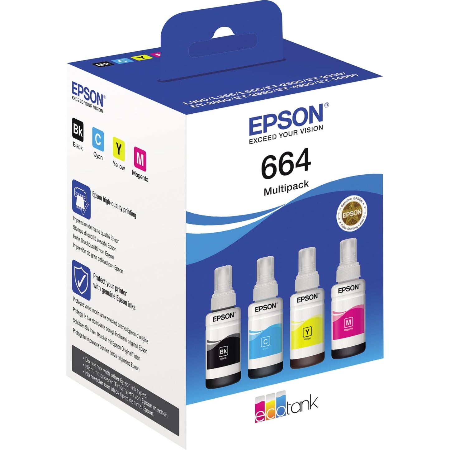 Epson Nachfülltinte Tintenstrahldrucker 664 ca. 4.000 Seiten schwarz, ca. 3 x 6.500 Seiten farbig schwarz, mehrfarbig 4 x 70ml 4 St./Pack.