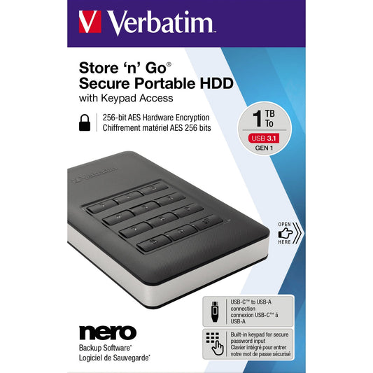 Verbatim Festplatte extern Store 'n' Go Secure Portable 123,5 x 11 x 76 mm (B x H x T) USB 3.1 GEN 1 (USB-C) 1 Tbyte