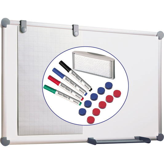 MAUL Whiteboard 2000 MAULpro Maße der Oberfläche: 120 x 90 cm (B x H) Tafel magnethaftend nicht beidseitig beschreibbar inkl. 4 Marker XL, Tafelwischer, 10 Rundmagnete, Blockhalter, Flipchartblock Stahl kunststoffbeschichtet weiß