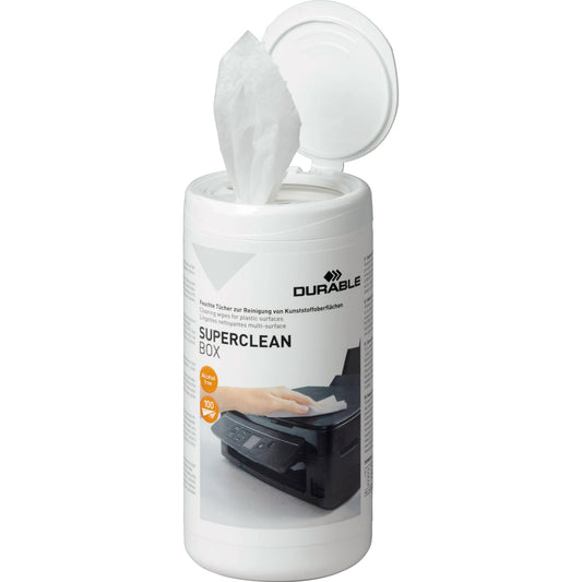 DURABLE Reinigungstuch SUPERCLEAN BOX Computer, Drucker, Telefone, Bürogeräte feucht nicht nachfüllbar 100 St./Pack.