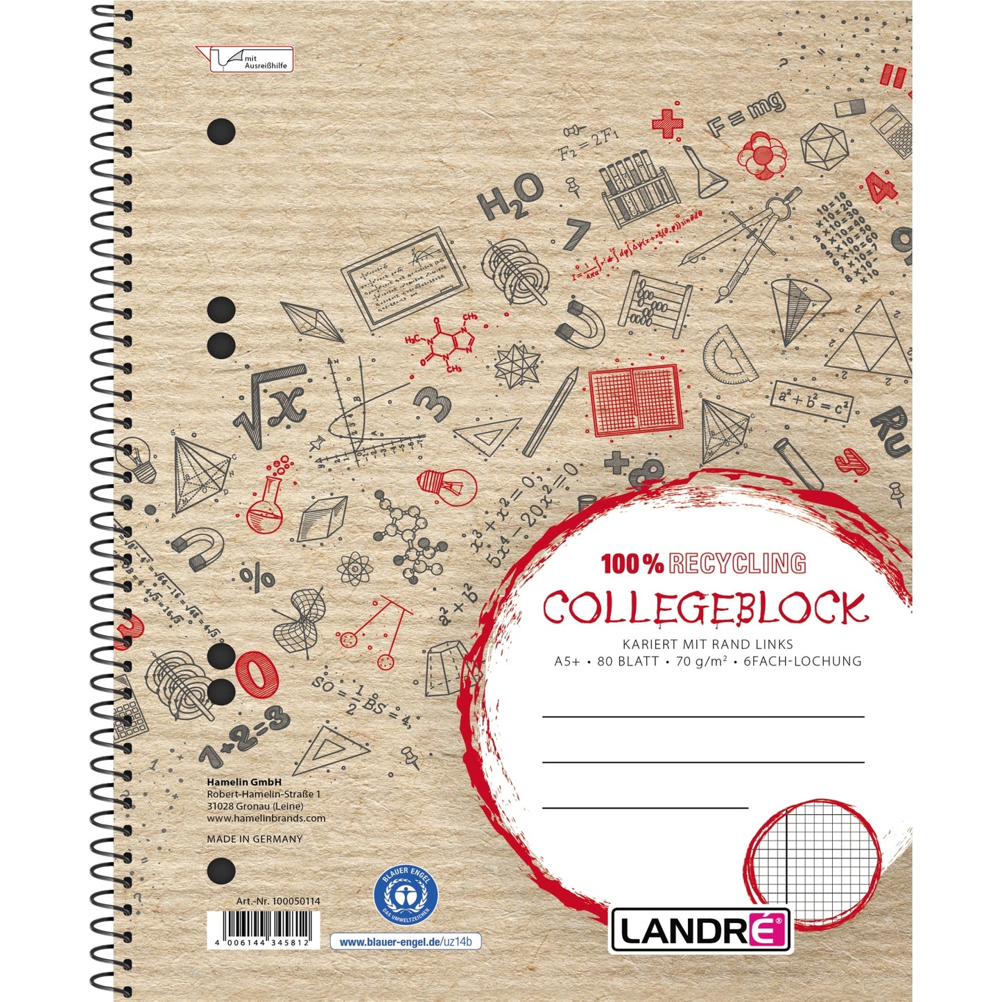 Landré Collegeblock Recycling DIN A5 kariert mit Rand 70g/m² 80 Bl.