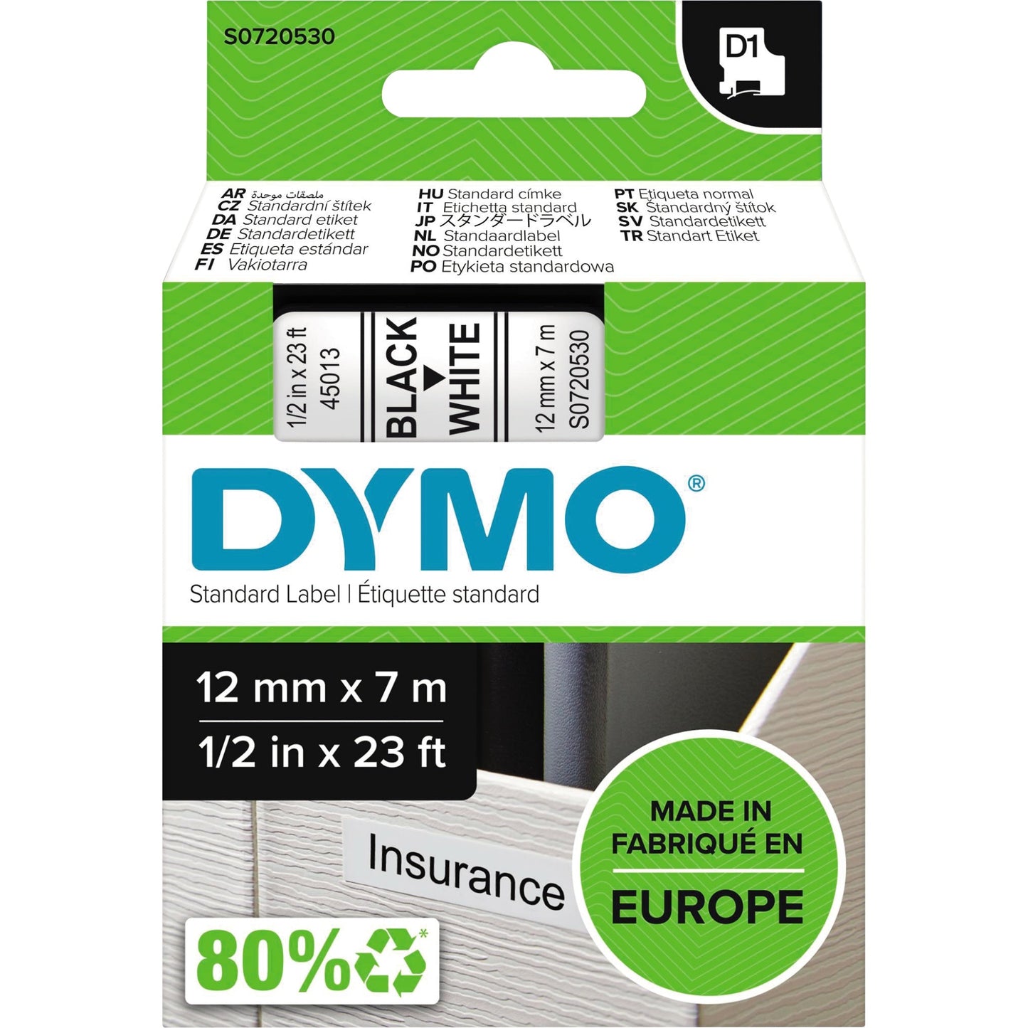 DYMO® Schriftbandkassette 12 mm x 7 m (B x L) weiß schwarz