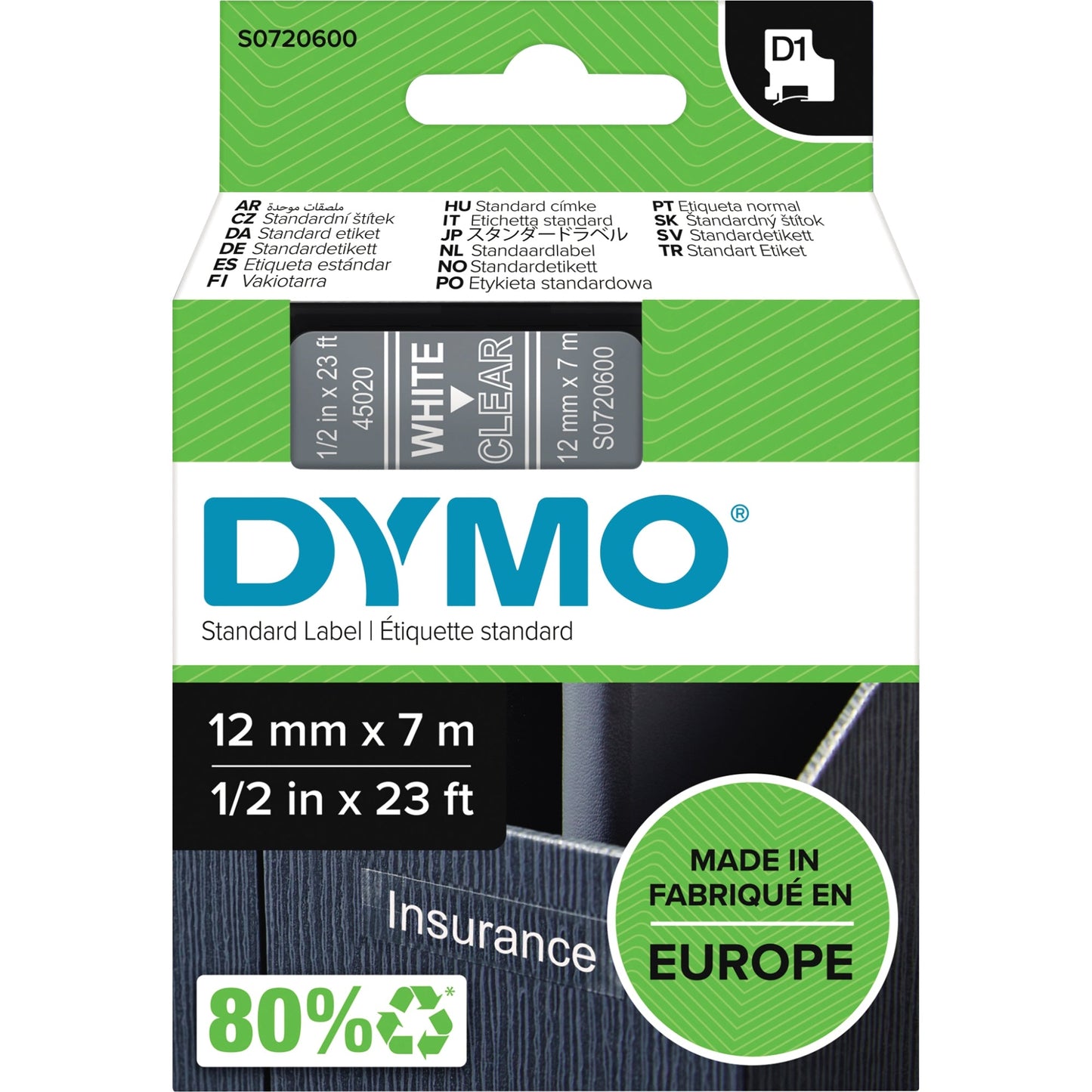 DYMO® Schriftbandkassette 12 mm x 7 m (B x L) transparent weiß