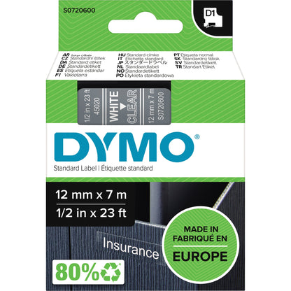 DYMO® Schriftbandkassette 12 mm x 7 m (B x L) transparent weiß