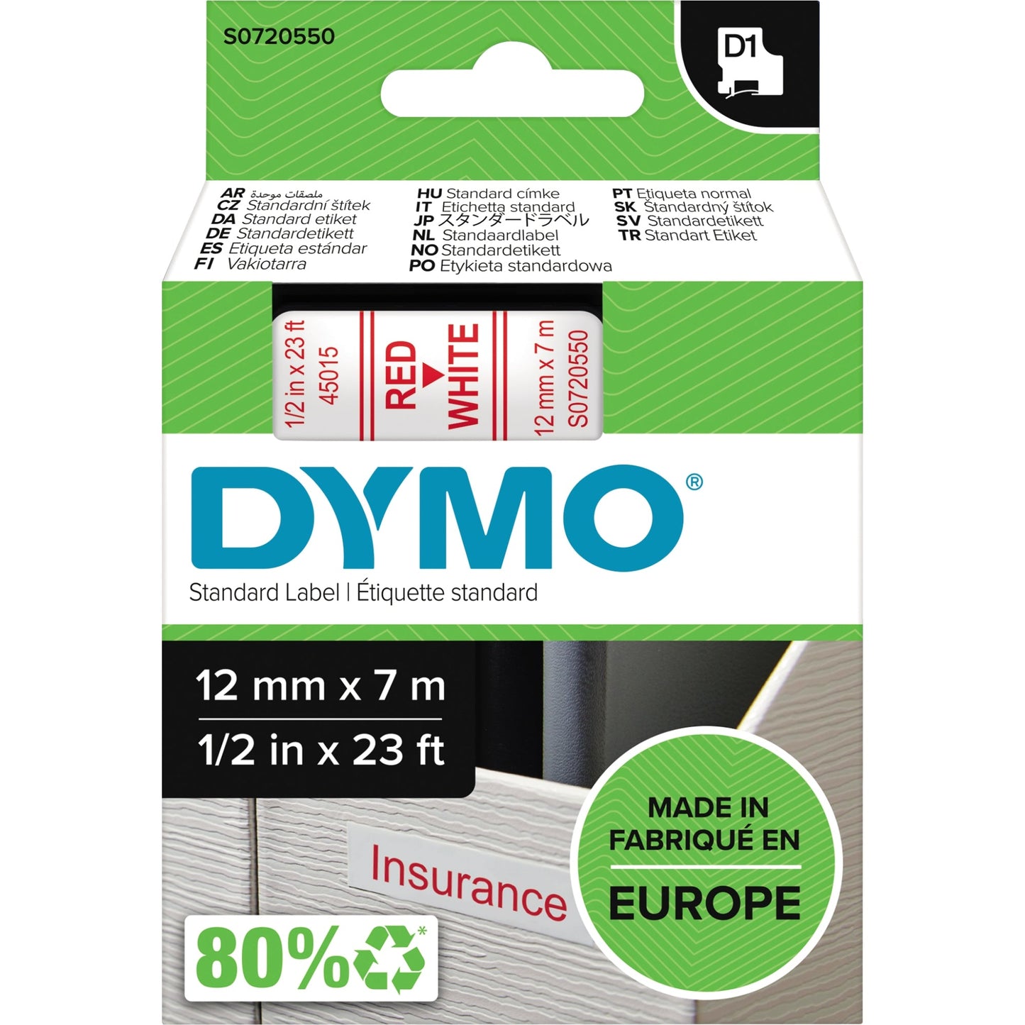 DYMO® Schriftbandkassette 12 mm x 7 m (B x L) weiß rot