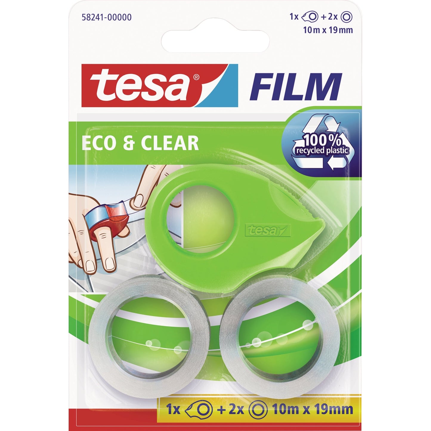 tesa® Handabroller Mini nachfüllbar inkl. 2 Rollen tesafilm® Eco & Clear, 19 mm x 10 m (B x L) ohne Lösungsmittel grün