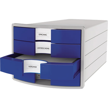 HAN Schubladenbox IMPULS 4 Schubladen DIN A4, DIN C4 Polystyrol Gehäusefarbe: lichtgrau Farbe der Schublade: blau